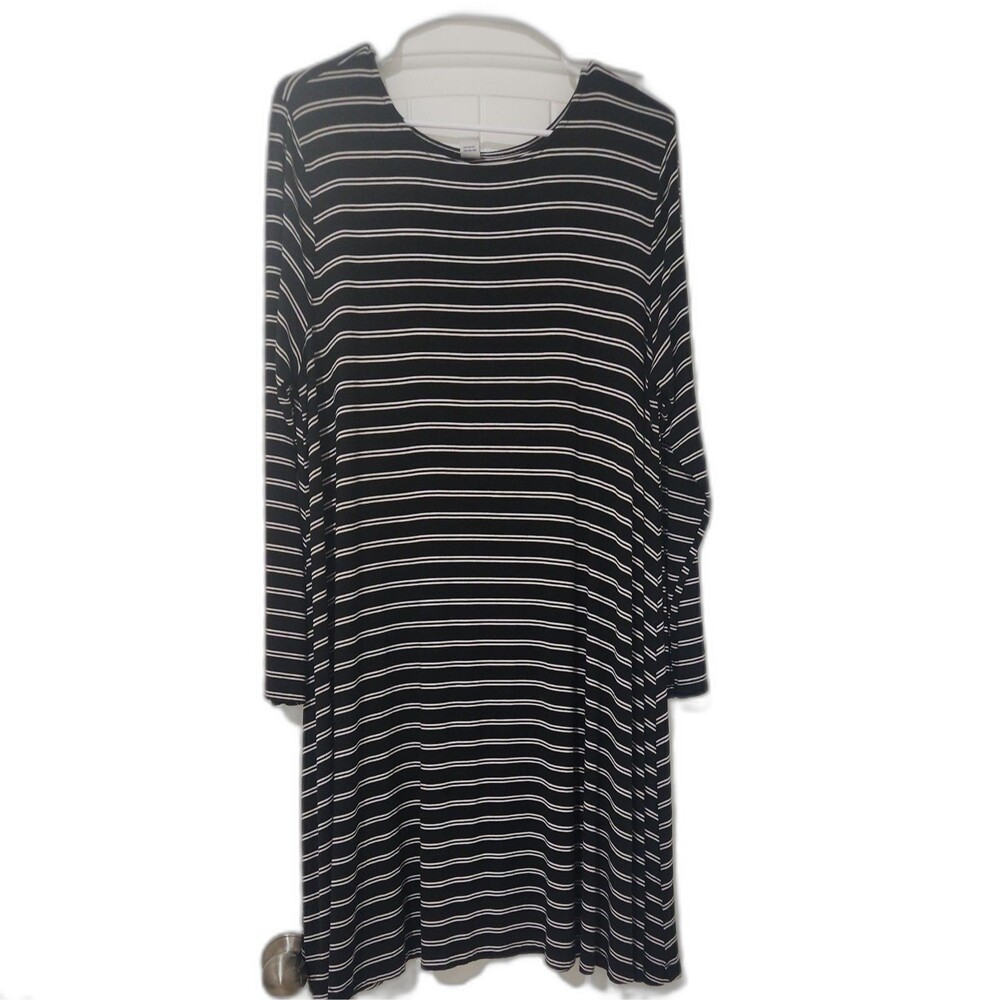 Old Navy Black White Striped Dress Womens XL Long Sleeve Knit Stretch Casual